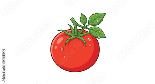 A vibrant cartoon style illustration of a ripe red tomato with leaves