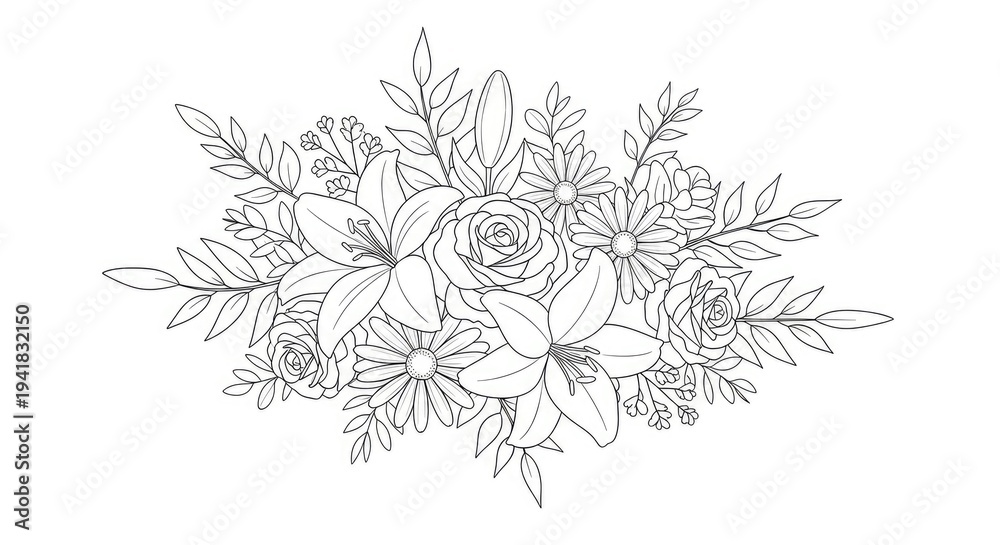 Fototapeta premium Elegant floral line art illustration of lilies roses and daisies for design projects