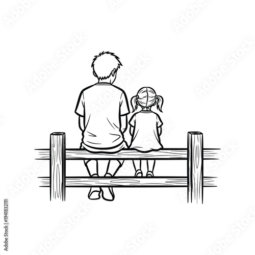 Two Children Sitting on Wooden Fence Back View Peaceful Childhood Moment Line Art Vector illustration.