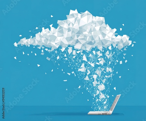 Intricate Geometric Pattern on a Solid Blue Background with Moving Cloud and Stationary Laptop