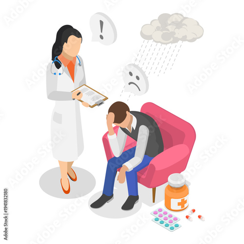 3D Isometric Flat Vector Illustration of Psychologist Talking with Patient, Depicting Mental Health Conditions. Item 2