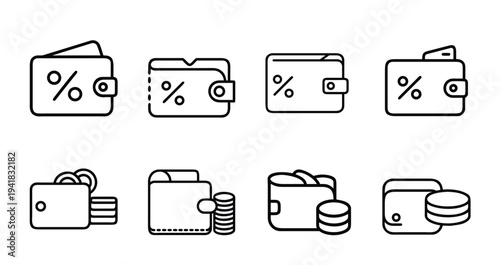 Discount wallet and money savings outline icon set featuring percentage purse, coin stacking, financial profit growth, currency storage more vector illustration or editable stroke.