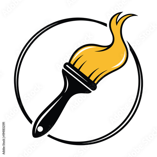 Paintbrush with fiery bristles in circle emblem