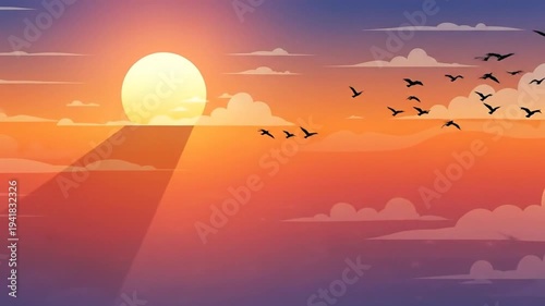 Birds flying in the sky during a beautiful sunset over a serene landscape.