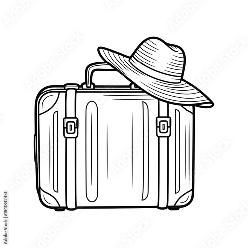 Vintage Suitcase with Straw Hat Travel Vacation Adventure Theme Line Art Vector illustration.