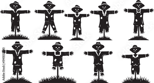 Scarecrows standing in a field with different outfits shown