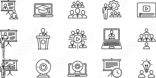 Online education and training line icons set including webinar, presentation, laptop learning, video conference and teamwork symbols isolated on white background for e learning concepts