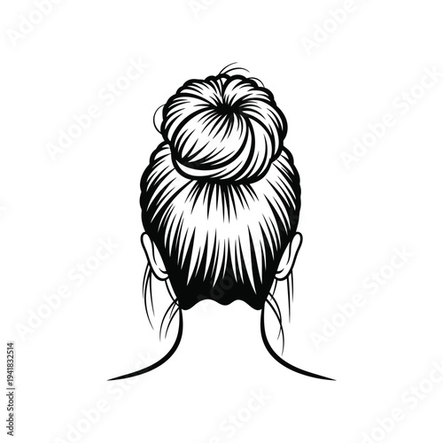 Woman with Messy Bun Hairstyle Back View Minimal Female Portrait Line Art Vector illustration.