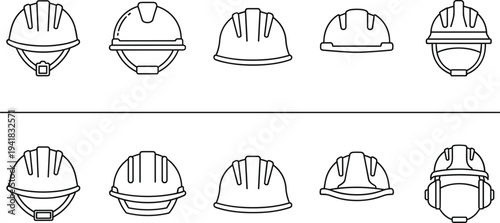 Safety helmet line icons set with construction hard hat and worker protection symbols isolated on white background for industry, engineering and safety concepts