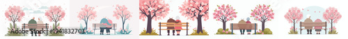 vector of a old couple sitting together on a park bench with cherry blossoms in bloom in spring back view