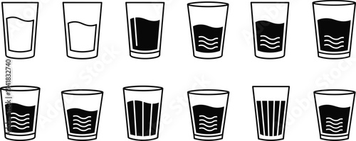 Water glass line icons set showing different liquid levels in drinking glasses isolated on white background for beverage, hydration and kitchen design concepts