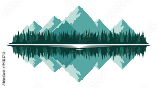 Reflective Mountain Landscape with Evergreen Forest and Teal Peaks - A Serene Nature Illustration