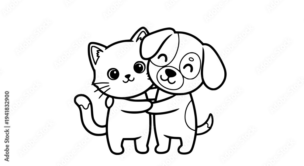 Fototapeta premium cute cat and dog hugging, black and white vector illustration, kawaii style, thick outlines, simple cartoon pets, minimal shading, isolated on white background, adorable pet friendship