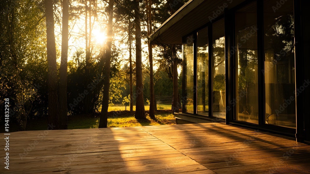 Fototapeta premium Serene modern home patio bathed in golden sunlight a peaceful escape from everyday life