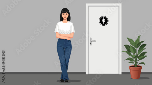 Young woman waiting in front of a closed door, with a restroom icon indicating a bathroom