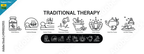 traditional therapy line icons including herbal medicine, acupuncture therapy, cupping treatment, natural herbs, holistic healing, herbal tea therapy, and hot stone massage. vector illustration