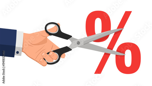 Hand cutting a large red percentage sign with scissors, symbolizing discounts and savings