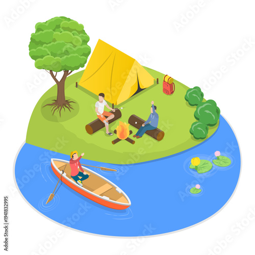 3D Isometric Flat Vector Illustration of Summer Activities, Camping Composition. Item 3