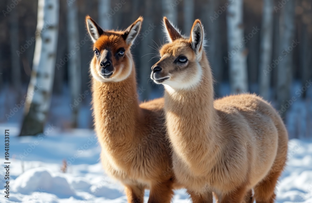 Obraz premium Two llamas stand in a snowy forest during winter. Their fluffy fur offers protection from cold. They look ahead curiously. Their coats are light brown.
