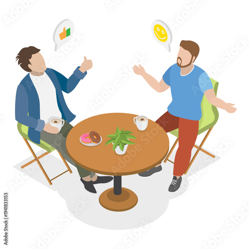 3D Isometric Flat Vector Illustration of People Enjoying Coffee Break, Cheerful Customers Enjoying Coffee At Cafe Seating Area. Item 2