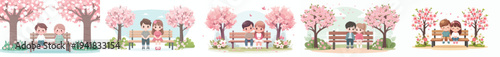 vector of children sitting together on a park bench with cherry blossoms in bloom in spring