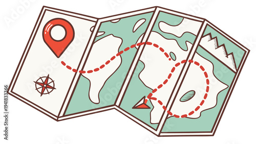 Illustration of a folded map with a red dotted line indicating a route from a location pin to mountains, representing travel and adventure