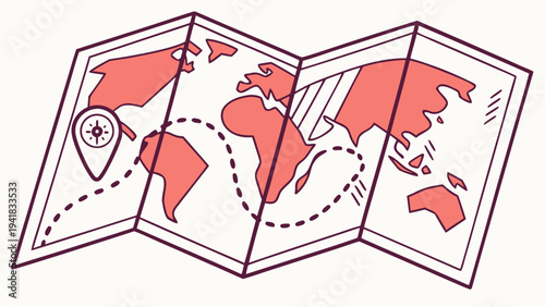 Illustrated world map with a location marker and a dashed line indicating a travel route across continents