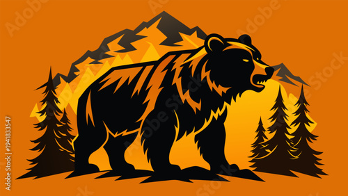 Powerful Grizzly Bear Roaming Through A Majestic Mountainous Landscape At Sunset, Emblematic Illustration