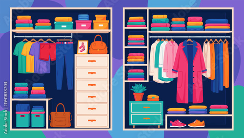 Organized Wardrobes with Folded Clothes and Hanging Garments Showcasing Neat Storage Solutions