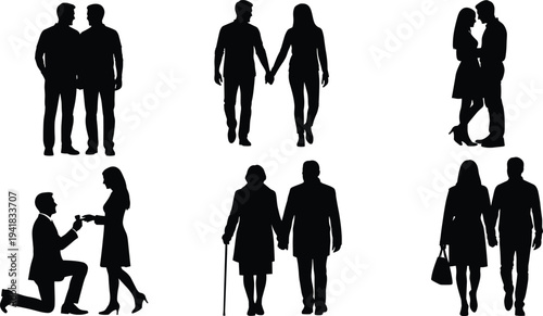 Couple silhouette collection showing romantic relationships, proposal, walking partners, elderly couple and love moments isolated on white