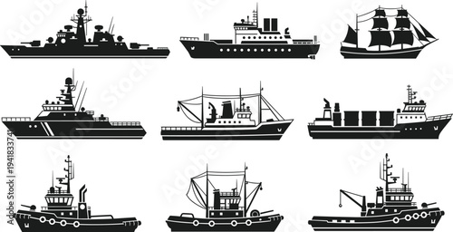 Collection of ship silhouettes including warship cargo vessel fishing boat tugboat cruise ship and sailing ship vector icon set