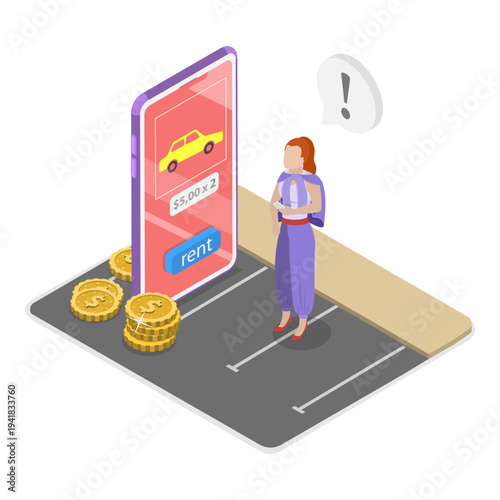 3D Isometric Flat Vector Illustration of Renting a Car Using a Mobile Application, Rideshare Company Services. Item 1