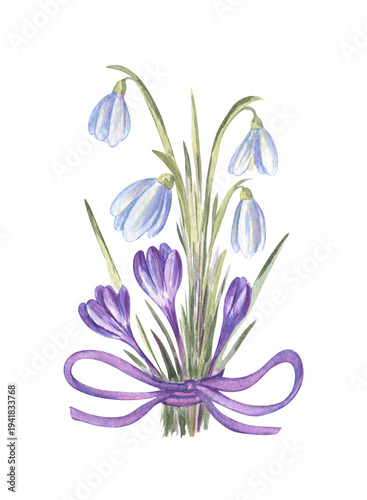 Watercolor bouquet of snowdrops and crocuses; cute spring hand-painted illustration in rustic style, isolated on transparent background
