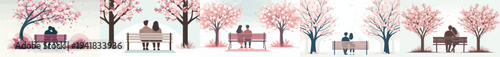 vector of a couple sitting together on a park bench with cherry blossoms in bloom in spring back view