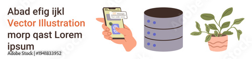 Technology, data management, security, digital communication, growth, user authentication. Hand holding a phone, server icon and potted plant. Technology and data management