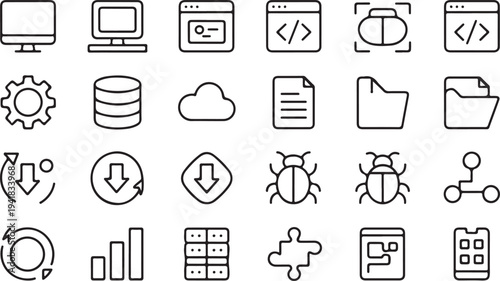 Set of black and white representing technology and software development concepts