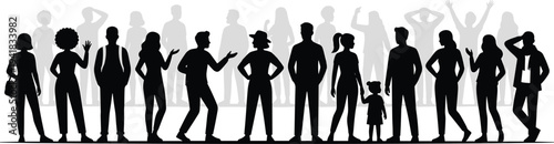 Diverse people crowd silhouette standing together including men women and child, community society concept black vector illustration