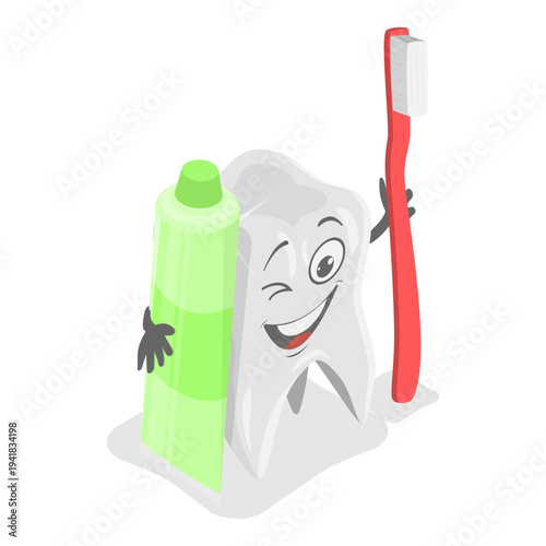 3D Isometric Flat Vector Illustration of Dental Care, Charming Animated Tooth Character. Item 7