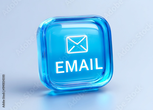 Vibrant blue glass email icon with white envelope symbol and 'EMAIL' text, representing digital communication and online messaging