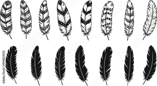 Hand drawn feather collection with decorative tribal patterns and silhouette feathers, vintage boho style vector illustration set