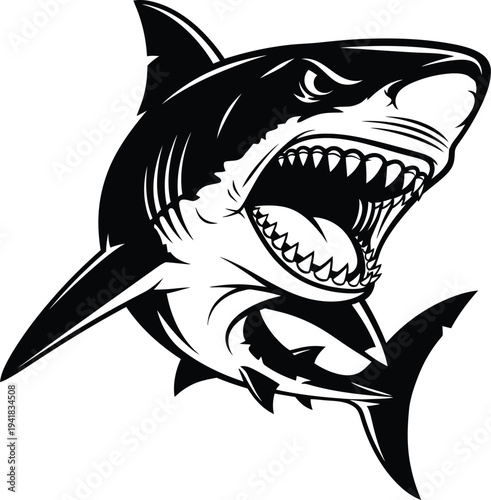 Aggressive Shark Silhouette with Open Mouth and Sharp Teeth Ocean Predator