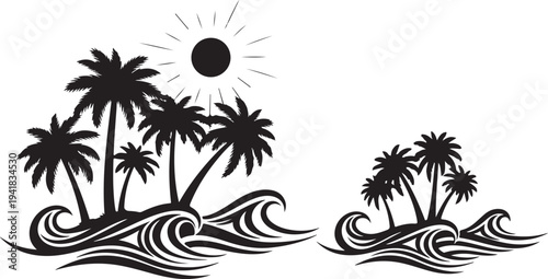 Tropical Island Palm Trees Silhouette with Ocean Waves Sunset