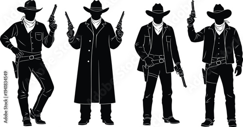 Silhouette set of wild west cowboy gunslingers holding revolvers, vintage outlaw characters wearing hats and coats isolated vector illustration