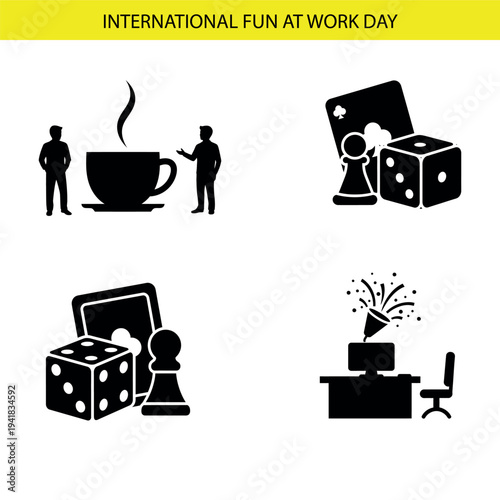 International Fun at Work Day vector icon set featuring coffee break, card games, dice, chess pawn, and office celebration for business and lifestyle designs
