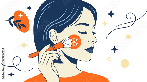Winter Beauty and Skincare Concept: Flat Illustration of a Woman Applying Makeup with a Snowflake Motif
