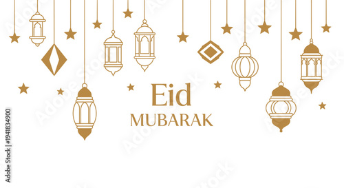 Golden outline lanterns, stars, and geometric ornaments are suspended from above, framing the central Eid MUBARAK text on a pristine white canvas.
