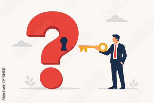 Businessman in a suit holding a golden key to unlock a large red question mark with a keyhole. Concept of finding solutions, solving problems, business strategy, wisdom, and unlocking answers.