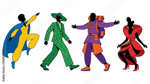 Diverse silhouettes of people in vibrant fashion outfits including a traveler, a superhero, and avant-garde models representing creative expression and individuality