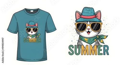 Cute Summer Cat Wearing Sunglasses T-Shirt Design Illustration
