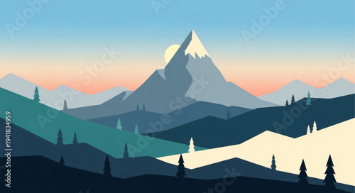 Majestic Snow-Capped Mountain Peak Over Rolling Hills.